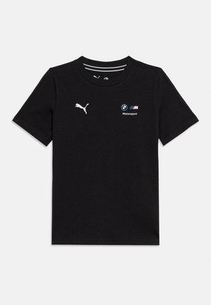 T-shirt noir à manches courtes avec col rond, logo Puma blanc sur le côté gauche de la poitrine et logos BMW Motorsport sur le côté droit de la poitrine.