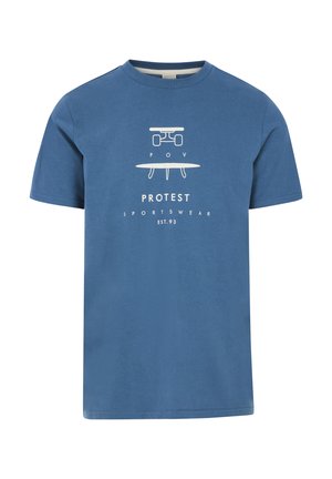 Blue cotton t-shirt with short sleeves, featuring a white graphic print of a skateboard and surfboard, and text reading "PROTEST SPORTSWEAR EST.93."