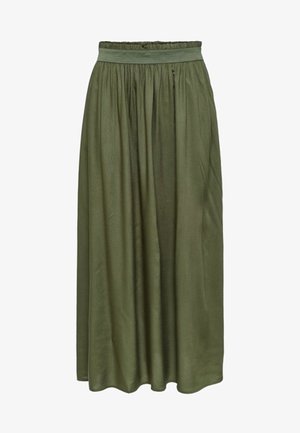 Jupe longue vert olive avec taille froncée et tissu lisse et fluide s'étendant jusqu'aux chevilles.