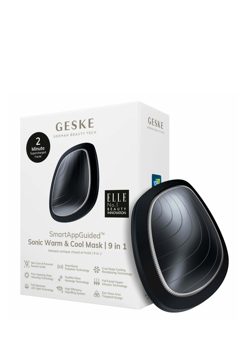Sort Sonic Varm & Kold Maske med ergonomisk design, glat tekstur og subtile riller. Emballage med fede skrifttyper og produktinformation.