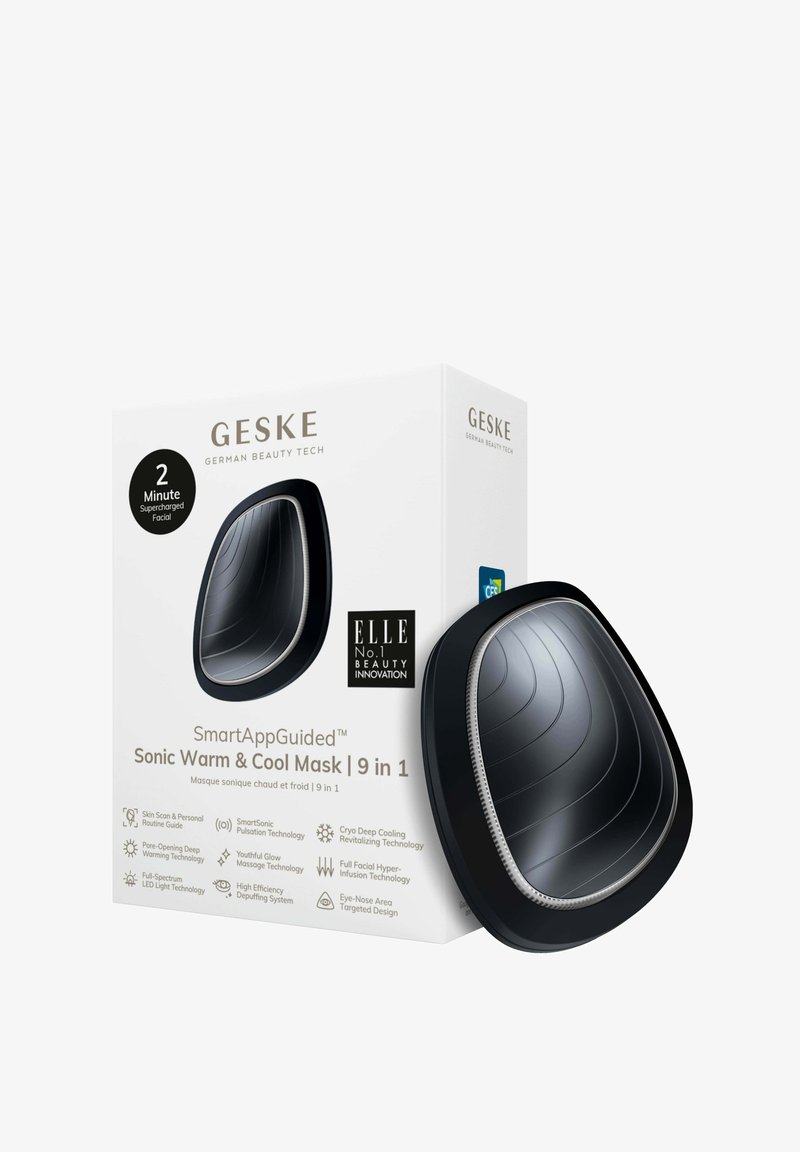 Sort Sonic Varm & Kold Maske med ergonomisk design, glat tekstur og subtile riller. Emballage med fede skrifttyper og produktinformation.