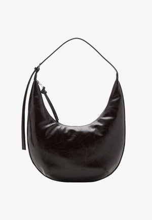 Black crescent-shaped leather shoulder bag with a single strap and a side zipper pull detail.