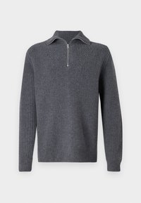 Jersey gris de punto con textura acanalada, cuello con cremallera y mangas largas. Presenta un diseño en forma de V en el área del pecho.