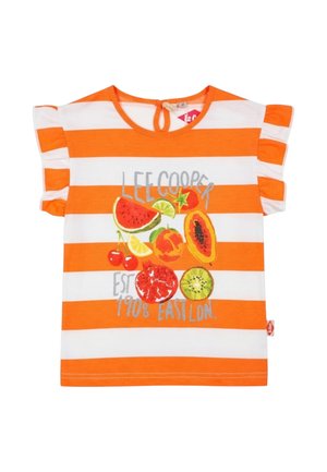 Chemise à manches courtes pour enfants avec rayures horizontales orange et blanches, manches volantées, col à nouer dans le dos, et graphismes colorés de fruits avec texte sur le devant.