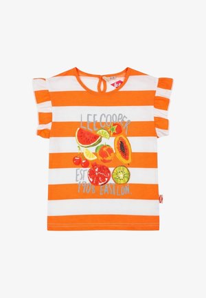 Chemise à manches courtes pour enfants avec rayures horizontales orange et blanches, manches volantées, col à nouer dans le dos, et graphismes colorés de fruits avec texte sur le devant.