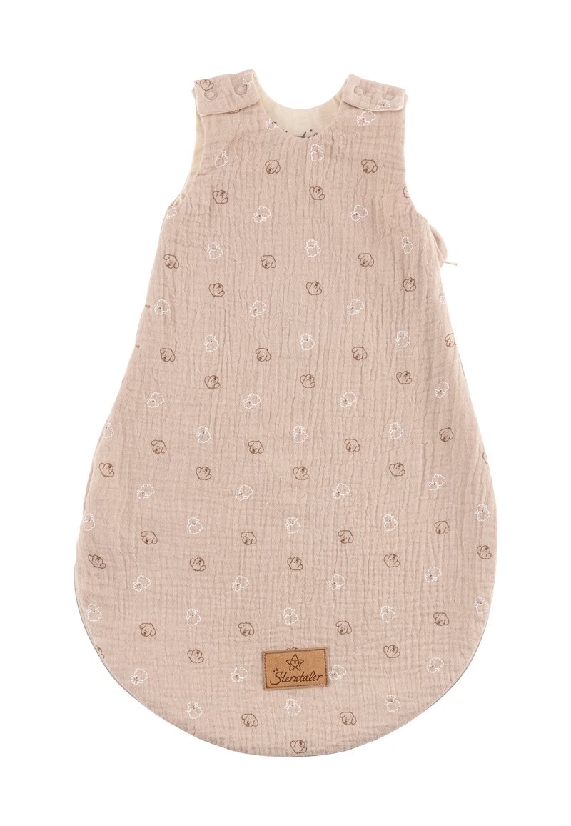 Baumwoll-Schlafsack in sanftem Rosa mit gestepptem Muster. Verfügt über ein hellbraunes Blumenmuster und ein kleines Logopatch am Saum.