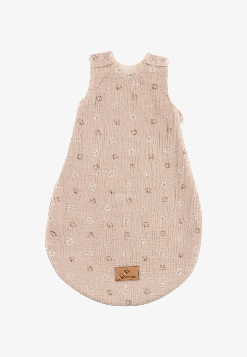 Cotton sleep sack in soft pink with quilted texture. Features light brown floral pattern and a small logo patch at the base.