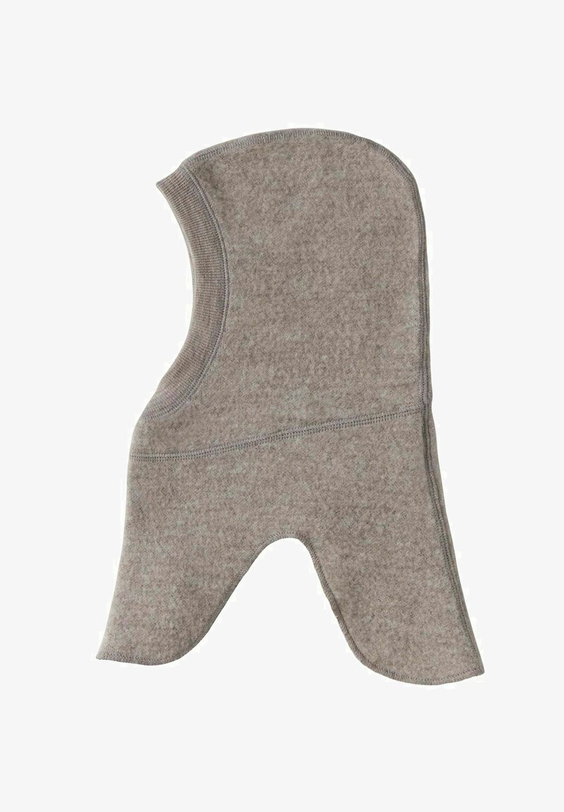 Pilka vilninė balaklava, pasižyminti minkšta tekstūra, apvalia galvos forma ir atidarymais veidui. Paprastas kirpimas be papildomų puošmenų.