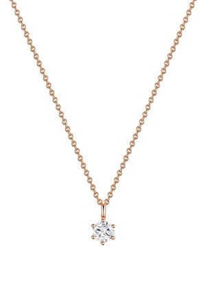Collana in oro rosa con pendente a diamante rotondo incastonato a griffe, arricchito da sei pietre decorative, che mette in risalto una texture delicatamente intrecciata.