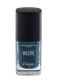 Nagellackflasche mit schwarzem quadratischem Deckel, klarem Glasboden, gefüllt mit tiefblauem Nagellack. Das Etikett zeigt weißen Text "VALERIE" und den Markennamen.