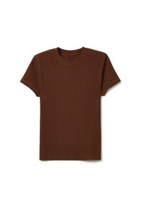 Bruine katoenen t-shirt met korte mouwen, ronde halslijn en ribbeltextuur. Geen grafische prints of versieringen aanwezig.