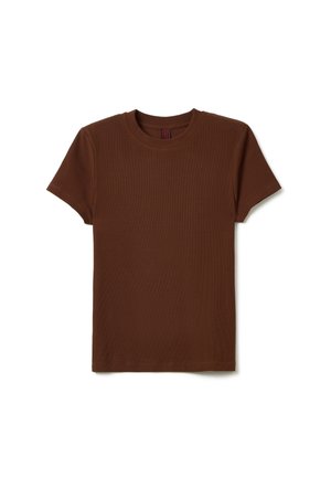 Brown cotton t-shirt with short sleeves, round neckline, and ribbed texture. No graphic prints or embellishments present.