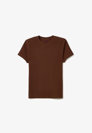 Brown cotton t-shirt with short sleeves, round neckline, and ribbed texture. No graphic prints or embellishments present.