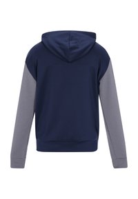 Dunkelblaues Hoodie mit grauen Ärmeln, weichem Stoff, Kapuze mit Zugband, gerippten Bündchen und Saum, mit einer glatten Textur.