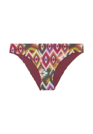 Low-rise bikini bottom with multicolored geometric tribal pattern and maroon inner lining on a white background.