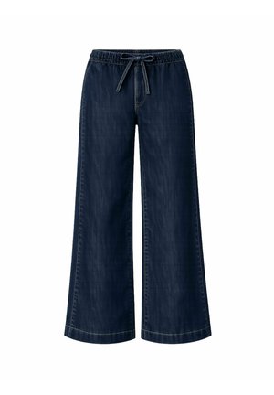 Pantalon en denim bleu foncé à jambes larges avec taille élastique et fermeture à cordon sur le devant, présenté sur fond blanc.