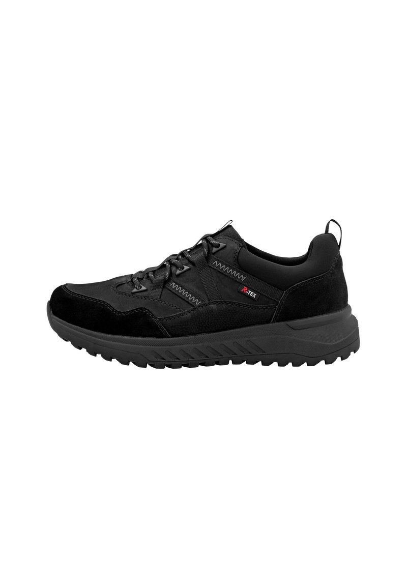 Black athletic shoe featuring a mix of smooth and textured materials, reinforced toe, and a thick, patterned rubber sole for traction.