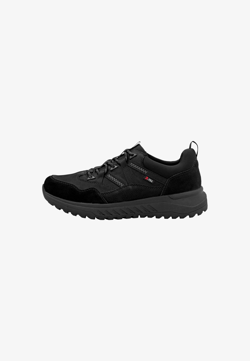 Black athletic shoe featuring a mix of smooth and textured materials, reinforced toe, and a thick, patterned rubber sole for traction.