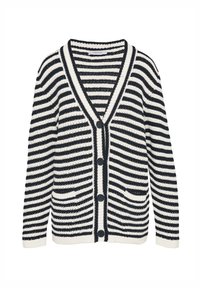 Strickjacke mit einem schwarz-weißen Streifenmuster, V-Ausschnitt, sechs Knöpfen, zwei Fronttaschen und gerippten Bündchen und Saum.