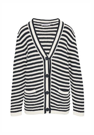 Sweter z dzianiny w czarno-białe paski, z dekoltem w serek, sześcioma guzikami, dwiema przednimi kieszeniami oraz ściągaczami u mankietów i na dole.