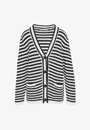 Sweter z dzianiny w czarno-białe paski, z dekoltem w serek, sześcioma guzikami, dwiema przednimi kieszeniami oraz ściągaczami u mankietów i na dole.