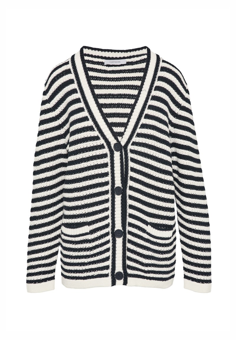 Strickjacke mit einem schwarz-weißen Streifenmuster, V-Ausschnitt, sechs Knöpfen, zwei Fronttaschen und gerippten Bündchen und Saum.