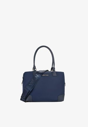 Bolso Valentino azul marino con dos asas, correa de hombro de marca desmontable y logo dorado en el centro delantero.