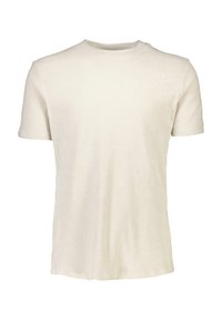 Camiseta de manga corta en beige claro, hecha de algodón suave. Presenta un escote redondo y una textura lisa sin patrones ni gráficos.