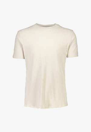 Kurzarmpullover in hellbeige, aus weicher Baumwolle gefertigt. Verfügt über einen Rundhalsausschnitt und eine glatte Textur ohne Muster oder Grafiken.