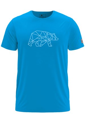 Blaues T-Shirt aus glattem Stoff mit einem weißen geometrischen Bärenmotiv. Kurze Ärmel und Rundhalsausschnitt. Keine sichtbaren Logos.