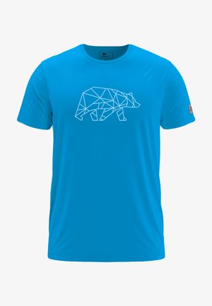 Blaues T-Shirt aus glattem Stoff mit einem weißen geometrischen Bärenmotiv. Kurze Ärmel und Rundhalsausschnitt. Keine sichtbaren Logos.