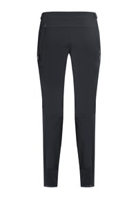 Pantalon extérieur noir ajusté avec poches latérales zippées et ourlets renforcés aux chevilles.