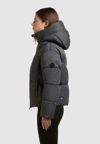 Giacca spessa grigia con un ampio cappuccio, sezioni trapuntate, zip prominente, tasche laterali e una toppa con logo sulla manica.