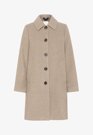 Beige wool coat with a collar, featuring six black buttons, two side pockets, and a straight cut design. Smooth texture and minimalistic style.