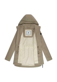 Haki lietus jaka ar kapuci, ar krēmkrāsas oderi, regulējamiem auklēm un kvadrātveida logotipa uzšuvumu aizmugurē.