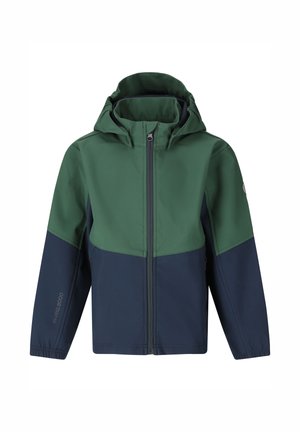 Børns vandtætte jakke med grøn overkrop og hætte, navyblå underkrop og ærmer, frontlynlås og elastiske manchetter.