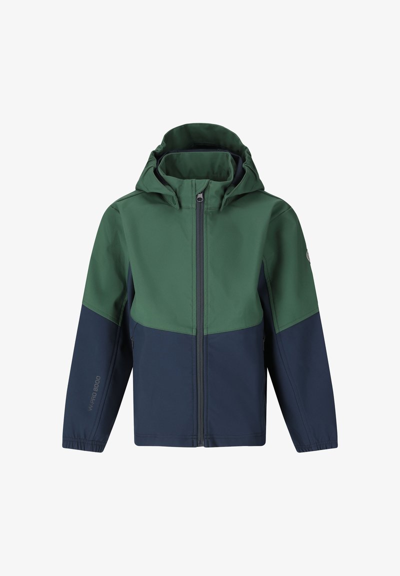 Veste imperméable pour enfants avec partie supérieure verte et capuche, partie inférieure et manches bleu marine, fermeture éclair à l'avant et poignets élastiqués.