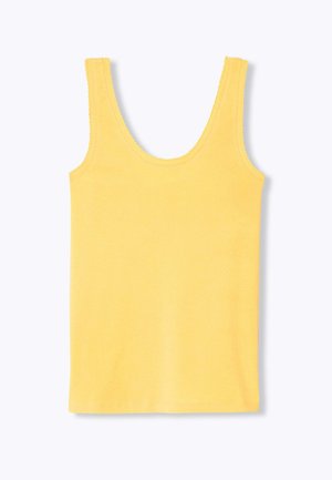 Débardeur jaune sans manches en maille côtelée avec encolure dégagée, présenté à plat sur fond blanc.