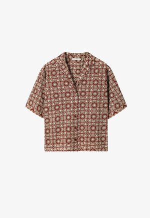 Kurzärmeliges Hemd mit Knopfleiste, rotem und beigem Spitzenmuster mit Blumenmotiv und geschwungenen Kanten an Ärmeln und Saum.