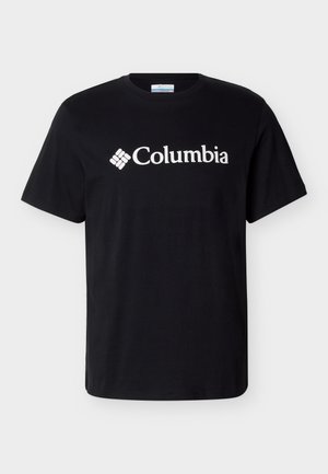 Sort kortærmet T-shirt med rund hals og hvidt Columbia-logo samt brandnavn centreret på brystet.