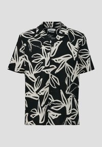 Korte mouw, zwart linnen shirt met witte abstracte bladpatronen, een knoopsluiting aan de voorkant en een relaxte pasvorm.