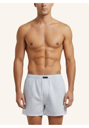 Oberkörperfreier Mann in weißen Boxershorts mit einem hellblauen Karomuster, stehend vor einem schlichten, hellen Hintergrund.