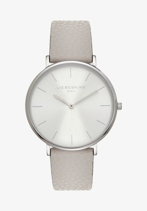 Zilveren horloge met een gepolijste ronde kast en een witte zilveren wijzerplaat. Textured lichtgrijze leren horloge band. Minimalistische uur markers en wijzers.