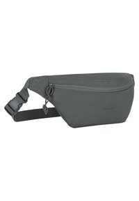 Banane ajustable gris foncé avec poche avant zippée et sangle à boucle en plastique, conçue pour transporter des effets personnels sans les mains.