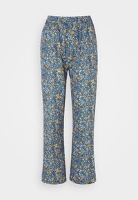 Pantaloni con motivo floreale blu realizzati in materiale leggero, con cintura elastica, design a gamba dritta e dettagli intricati in blu, marrone e bianco.