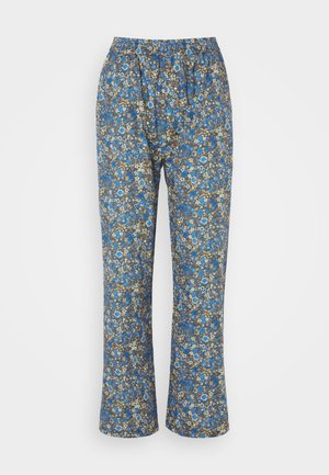 Pantaloni con motivo floreale blu realizzati in materiale leggero, con cintura elastica, design a gamba dritta e dettagli intricati in blu, marrone e bianco.