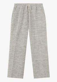 Pantalons en tissu tissé léger de couleur gris avec un motif texturé, ceinture élastique et fermeture à cordon. Deux poches latérales visibles.