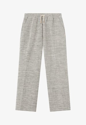 Lightweight, gray woven fabric pants with a textured pattern, elastic waistband, and drawstring closure. Two side pockets visible.