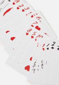 Playing cards displayed in a fan shape. Predominantly white with red heart symbols and black spade suit. Includes Ace, numbered cards, and a design.