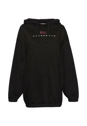 Schwarzer, übergroßer Hoodie aus Baumwolle mit einer vorderen Kängurutasche, versehen mit dem aufgedruckten Text "DANGEROUS" und einem in Weiß und Rot gestickten japanischen Zeichen.